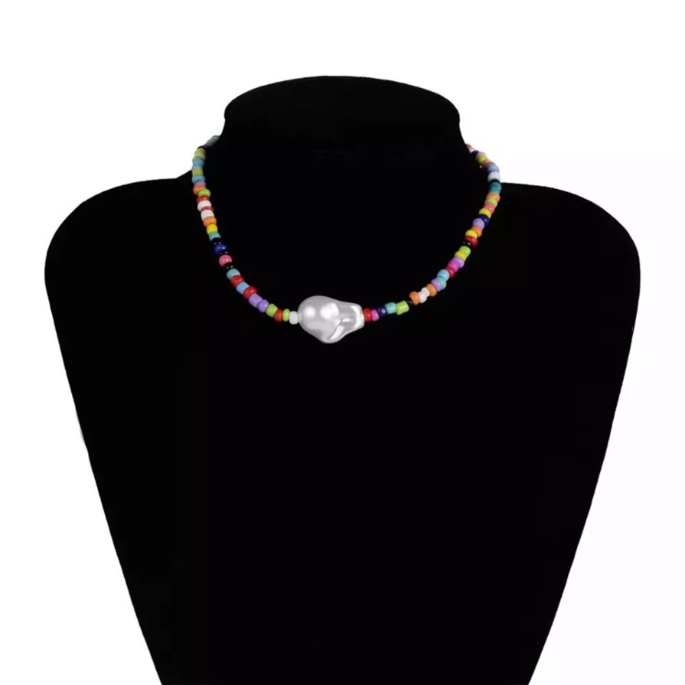 Big Baroque Imitation Pearl Colorful Bead Rainbow Choker - Picture 5 of 6
